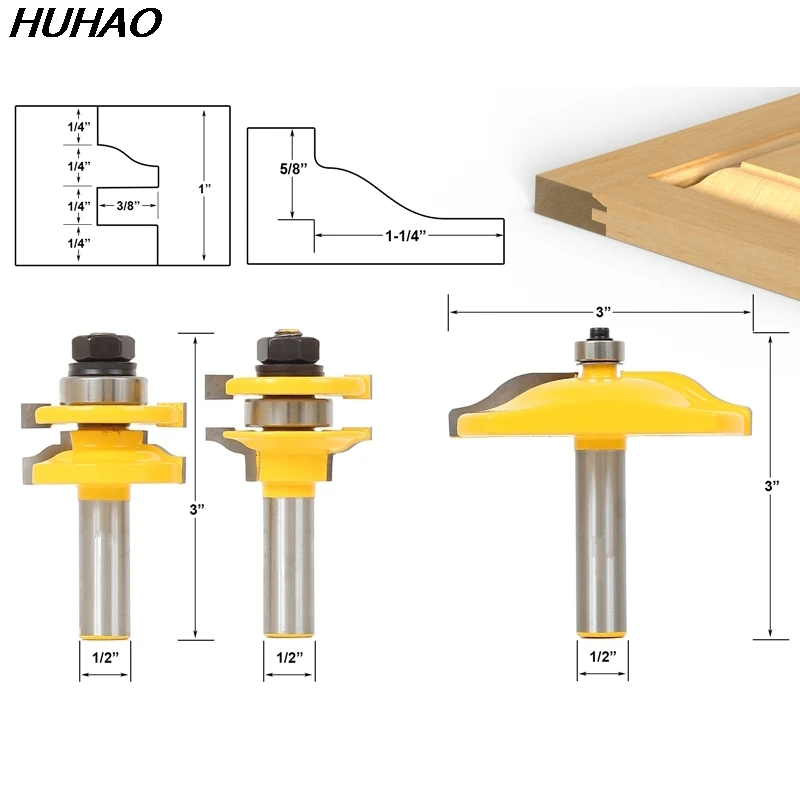 

3pcs/lot Bit Raised Panel Cabinet Door Router Bit Set - 1/2" Shank