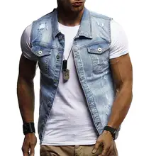 Streetwear Jacket Coat Denim Jacket Men Vest Hole design Outerwear  Mens Coats Male Vest Sleeveless Blue Black White