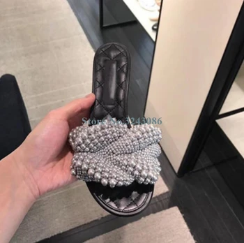 

Pearl Single Strap Flat Sandals Sweet Open Toe Flat Slipper Summer Beach Shoes Outdoor White Grey Pearl Slingback Ladies Shoes
