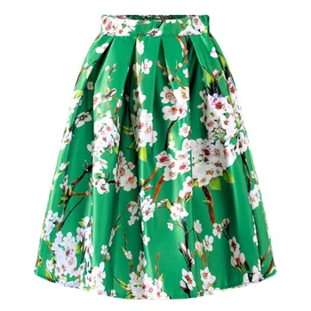 

plus size 2XL Summer Women Skirt Vintage Peach Blossom Floral Print High Waist Ball Gown Pleated knee-length skirt