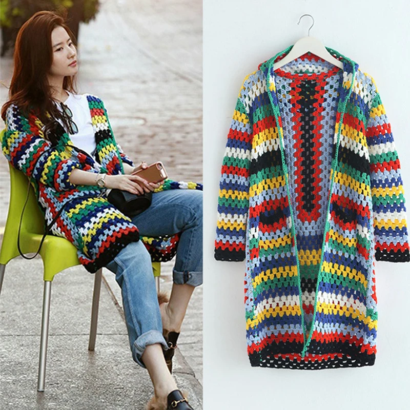 2017 Spring new Rainbow Sweaters long Sleeve Knitted Casual lonog Cardigan women loose knitwear Fashion vogue street style girls