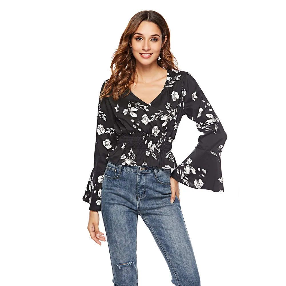 

Women's spring new long-sleeved V-neck print ruffled chiffon shirt 5 Colors Available size S-2XL