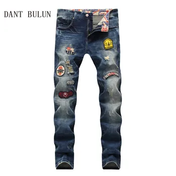 

2020 Jeans Men Distressed Biker Jeans Fashion Slim Skinny Badge Casual Hole Denim Male Destroy Blue Pants,S866