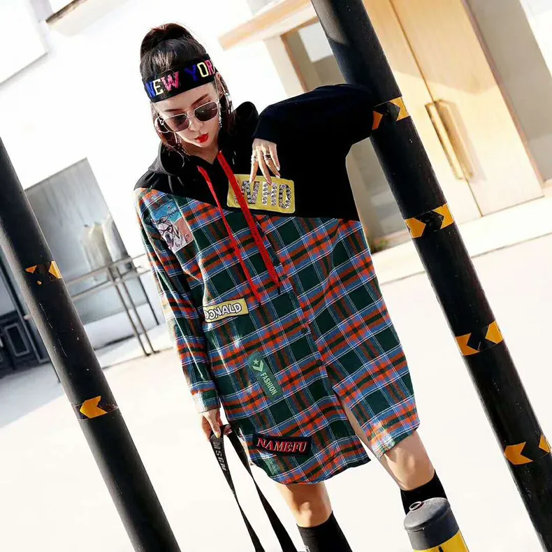Для женщин Street Wear плед сращены длинные пуловеры плюс Размеры Повседневное