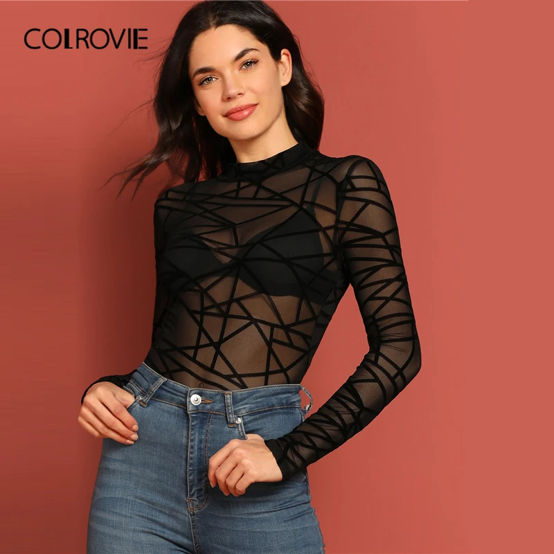 COLROVIE Black Sheer Sheer Mesh Geo Slim Fitted Sexy T-Shirt Women 2019 Spring Korean Long Sleeve Shirts Tee Club Ladies Tops