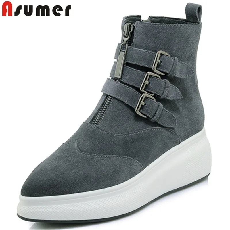 

ASUMER 2020 fashion ankle boots for women pointed toe zip suede leather boots flat platform ladies shoes woman black