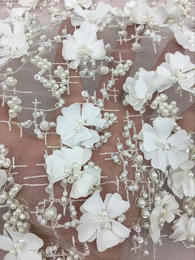 3D Цветочная кружевная ткань ручной работы, кружевная ткань с тяжелыми бусинами, кружевная ткань для высокого качества, дизайнерское платье, кружевная ткань для свадебного платья - Цвет: Белый