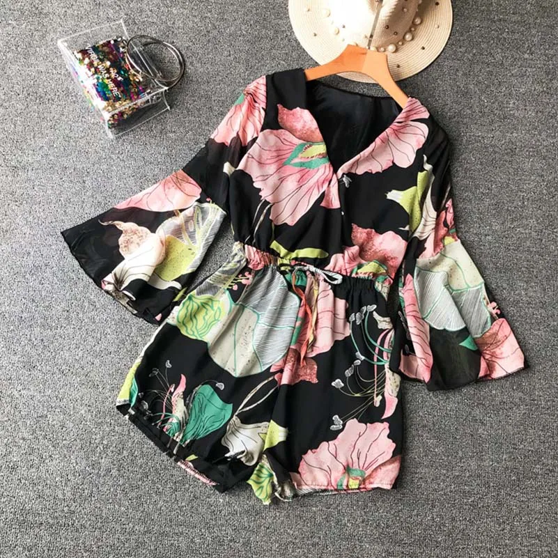 

NiceMix 2019 New Arrival Casual Women Flower Printed bodysuit Summer Autumn Cute Female romper with Sahes Empire V neck vestidos