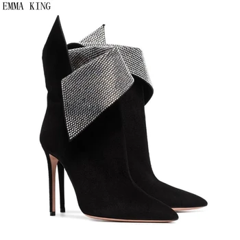 

2019 New Black Suede Women Ankle Boots Luxury Crystal Elegant Ladies High Heels Shoes Pointed Toe Sexy Slip On Woman Martin Boot