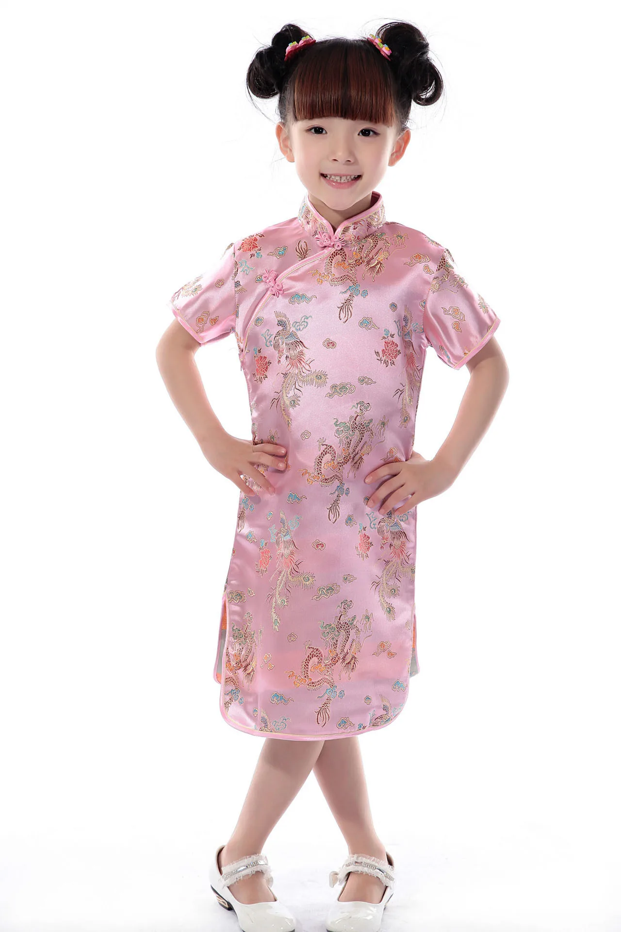 Детские винтажные восточные китайские традиционные костюмы для девочек с вышивкой дракона, атласные шелковые платья для девочек