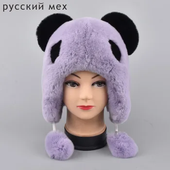 

New parent-child Russia boy girl children kids fur hat real rex rabbit Ears hat lovely panda Earmuff warm Cartoon pompom fur hat