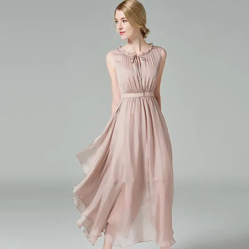 Женское летнее негабаритное шелковое платье, женское шелковое платье со складками, женское неравномерное платье Seda Vestido, женское дышащее платье Soie - Цвет: pink silk dresses