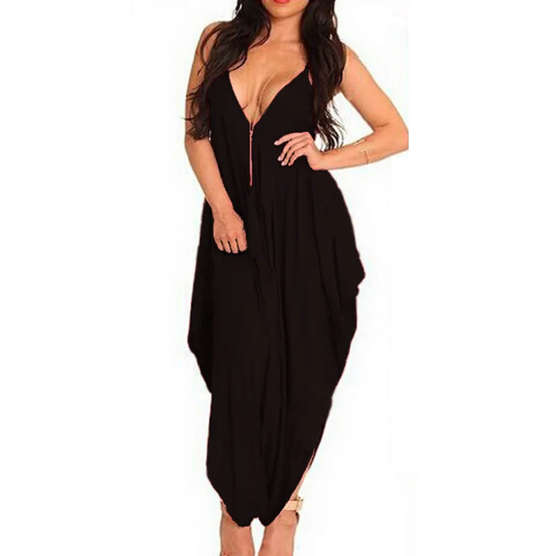 

2018 plus size Spaghetti Strap v neck Backless Sexy club party Women Long Jumpsuits big size Wide Leg Harem Pants Black overalls