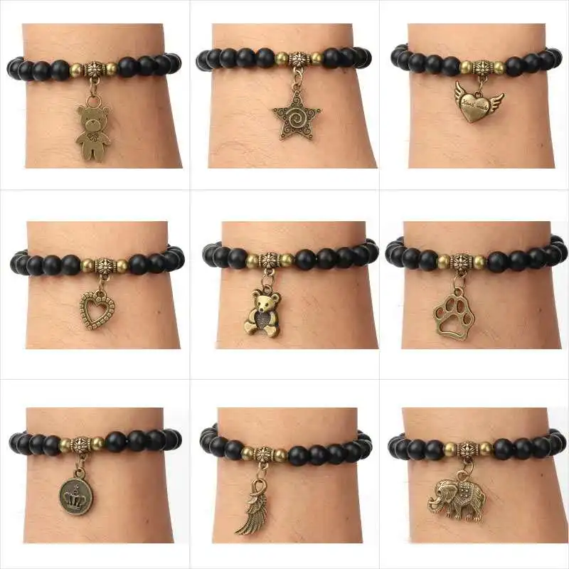 

Charm Natural Stone Bracelets High Quality Black Matte Beaded Hippo Pentagram Crown Elephant Pendant Men's Bracelet For Women
