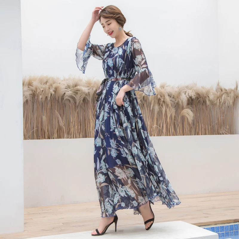 Роскошные женские платья Vestido Весна подиумная Мода с расклешенными рукавами длинное платье цветочный принт свободный сарафан большого размера Макси платье