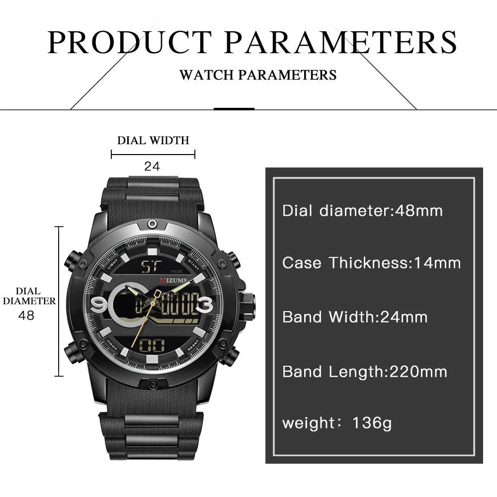 2019  MIZUMS Double Movement Fashion Men Watch Luxury Brand Mens Quartz Silicone Waterproof Military Sports Watches Male Clock