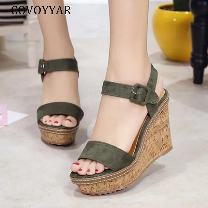 

COVOYYAR Platform Sandals 2019 Summer Wedges Open Toe Mixed Colors High Heel Women Pumps Buckle Strap Flock Shoes Woman WSS435