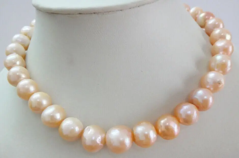 

Huge 18"12- south sea genuine gold pink nuclear near round pearl necklace