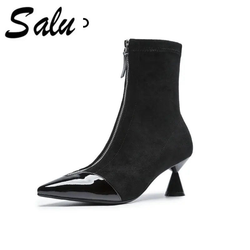 

Salu 2018 new Pointed Toe All Match Women Ankle Boots Platform Genuine leather Square High Heel Elegant Ladies Boots