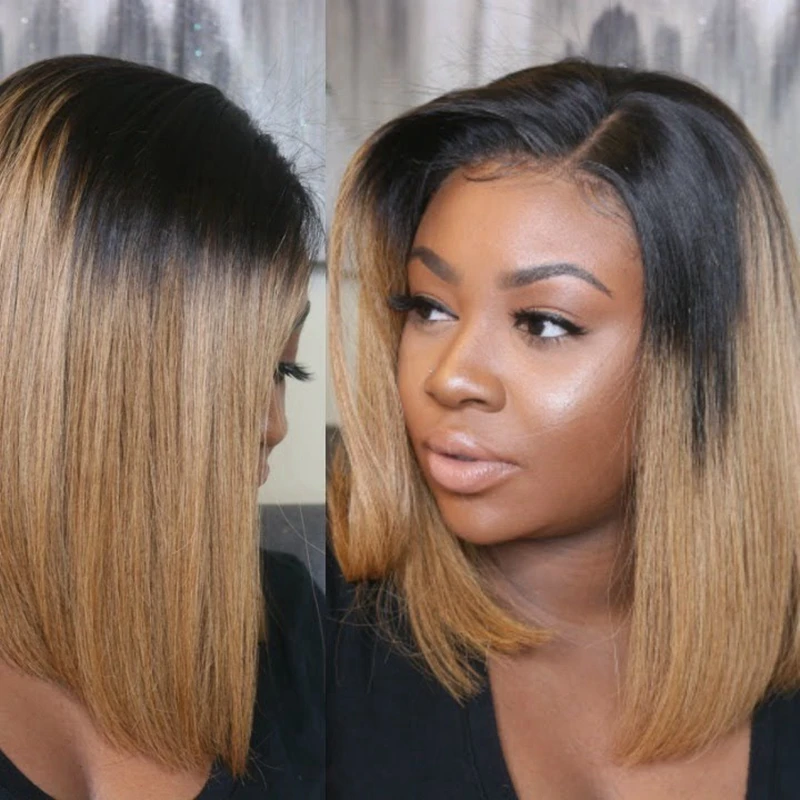 

Lace Front Human Hair Wigs For Black Women Pre Plucked Brazilian Remy Hair Ombre Straight Short Bob Wigs With Baby Hair