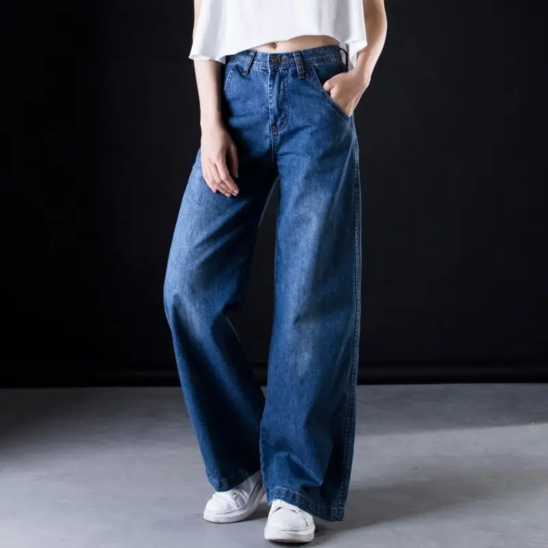 Plus size Wide leg jeans Women casual Bell Bottom Jeans High waist Full length trousers Boyfriend Baggy Flare Denim Pants C549