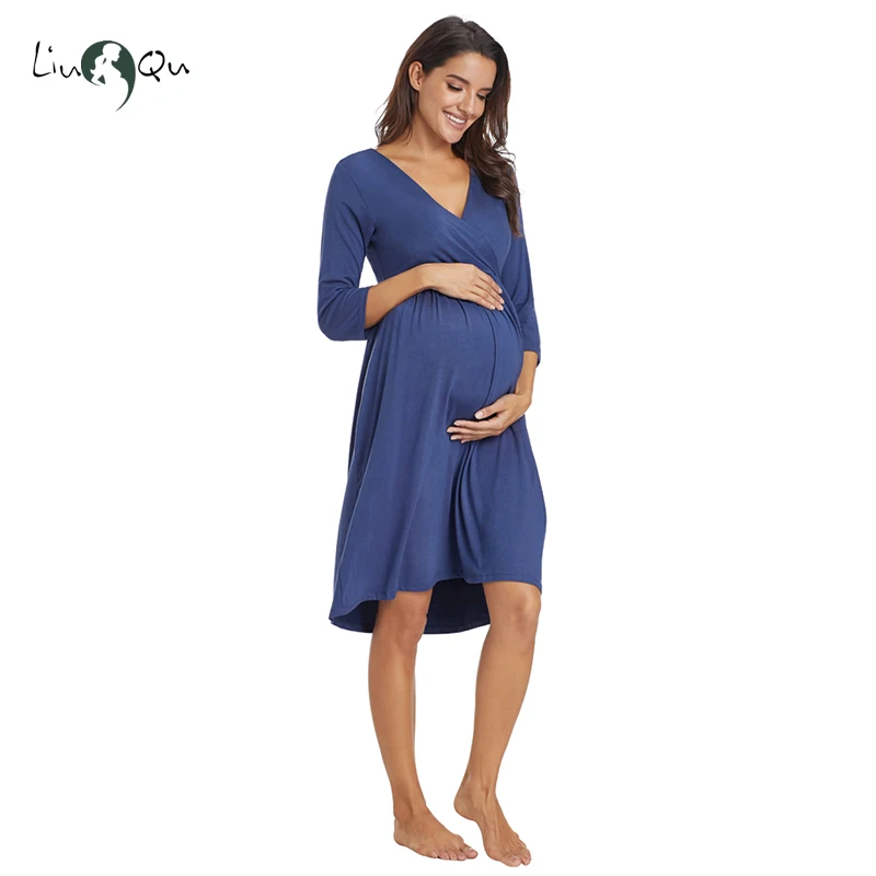 Женское платье для беременных женщин и молодых матерей одежда для сна 3/4 рукава пижамы для кормления ночная рубашка с v-образным вырезом Плиссированные пижамы для беременных кормящих грудью Большие размеры