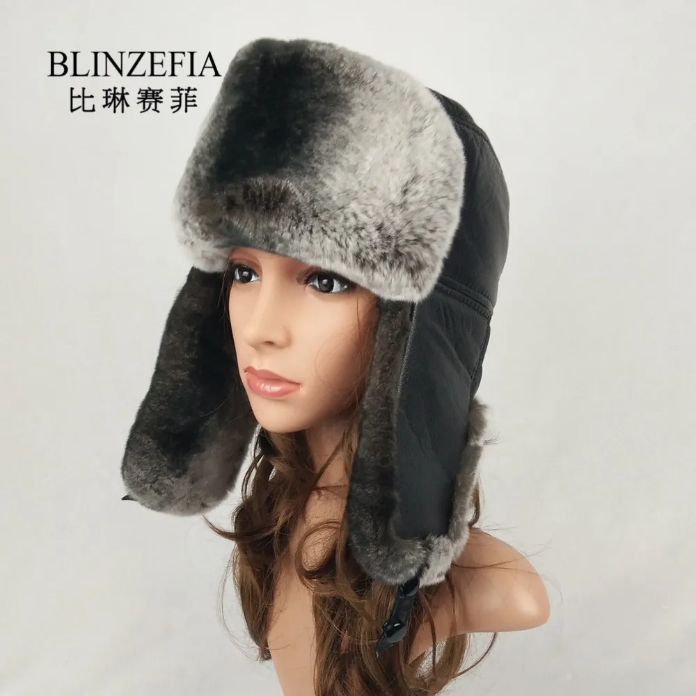 Женская меховая шапка BLINZEFIA теплая бомбер из овечьей кожи с ушками кролика Рекс