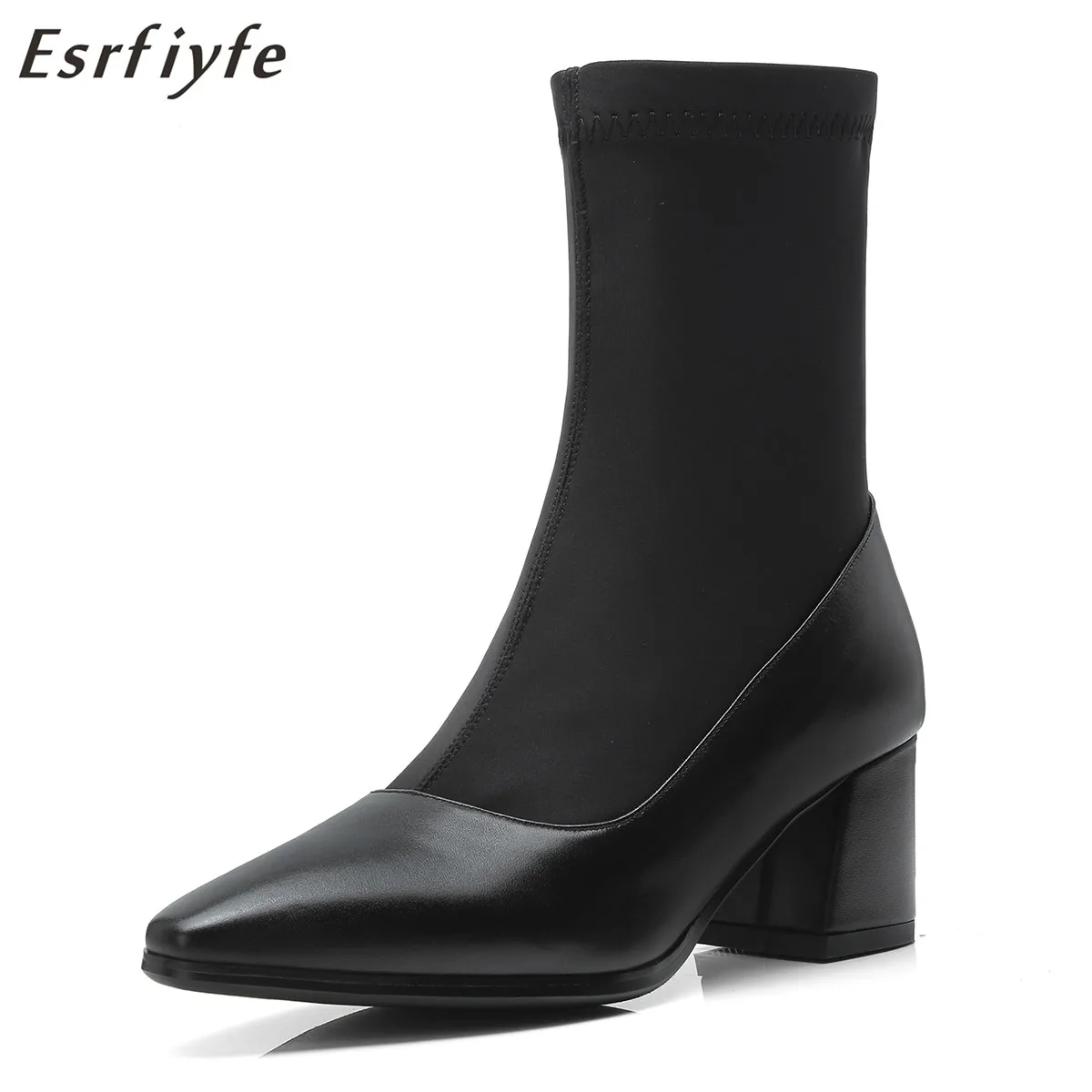 

ESRFIYFE New Fashion Genuine Leather Boots for Women Cow Suede High Heels Mid-Calf Boots Autumn Winter Women Boots Black Shoes