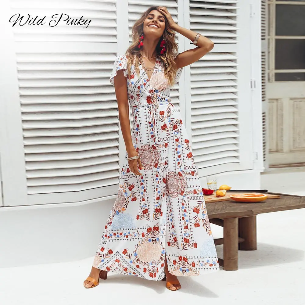 

WildPinky Long Dress Women Floral Print Summer Beach Dress Bohemian Short Sleeve Vintage Holiday Party Dress Vestidos De Fiesta