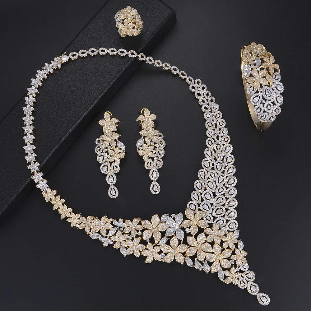 

missvikki 4 PCS Flowers Jewelry Sets Full Crystal Bangle Earrings Necklace Ring Jewelry Set for Women Wedding Anniversary