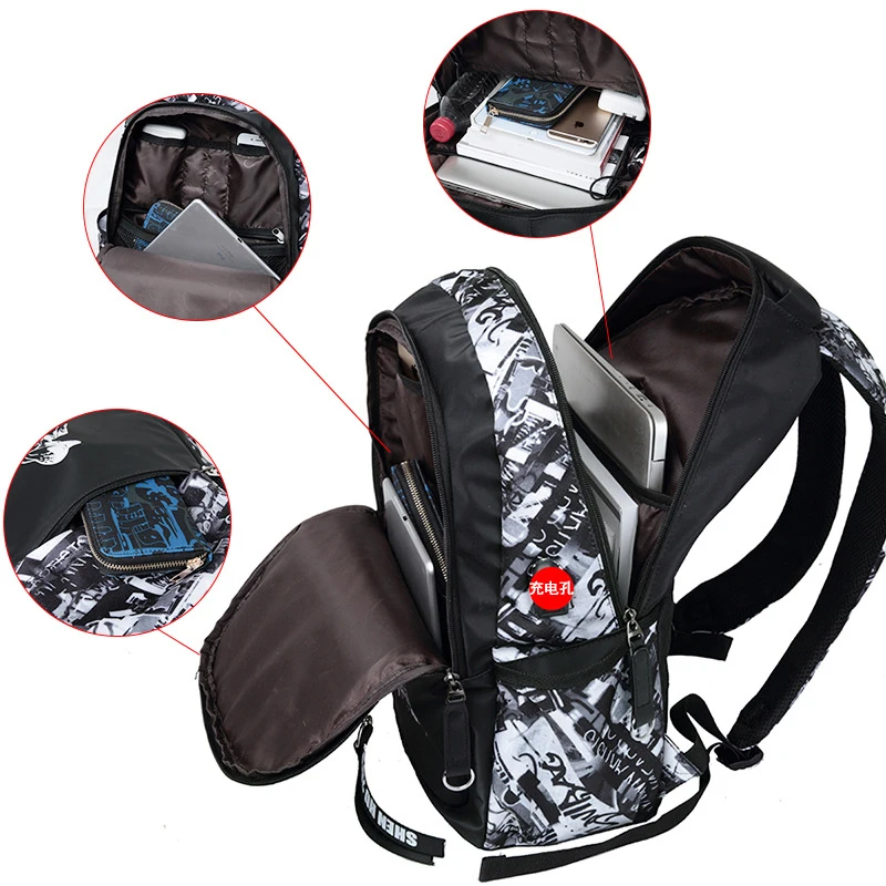 Lukatu человек USB школьная сумка тренд студенческий рюкзак для ноутбука для мальчиков-подростков, 2 шт./компл. Doodle шаблон Школьный Рюкзак многофункциональные сумки