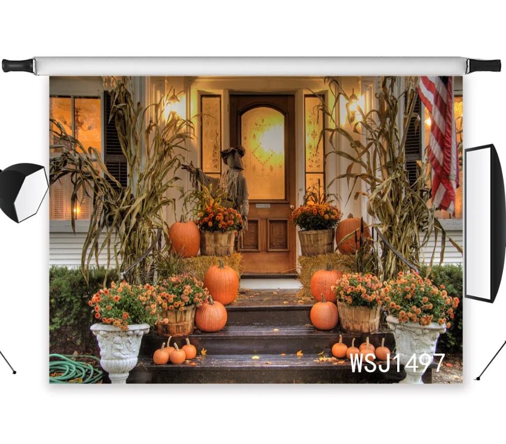 LB Vinyl Backdrop Halloween Courtyard pumpkin staircase American flag Photography Props Photo photography Background Customized |