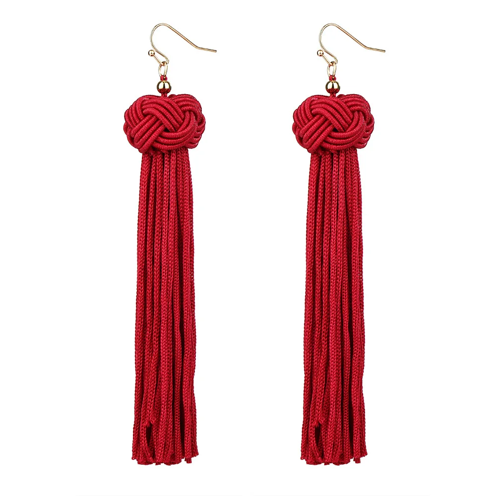 Long Tassel Earrings Braided Rope Ball Chinese Knot Gold Color Beads