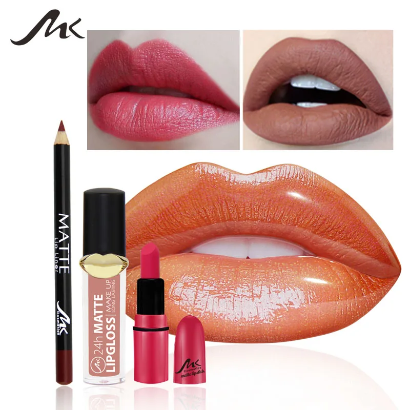 Lip Gloss Set Brand Makeup Set 2 Matte Velvet Lip Gloss + 1 Lip Liner Lipstick Shell Makeup Set