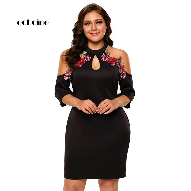 

Echoine Sexy Dress Women Embroidery Plus Size Rose Applique Cold Shoulder Bodycon Short Sleeve Night Club Ladies Mini Streetwear
