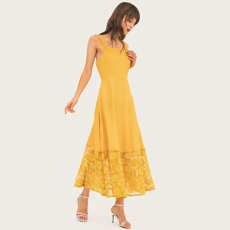 

Ladies New 2019 Casual Solid Color Dresses Strap Wrapped Chest Hollow Stitching Yellow Fashion Women's Evening Dress