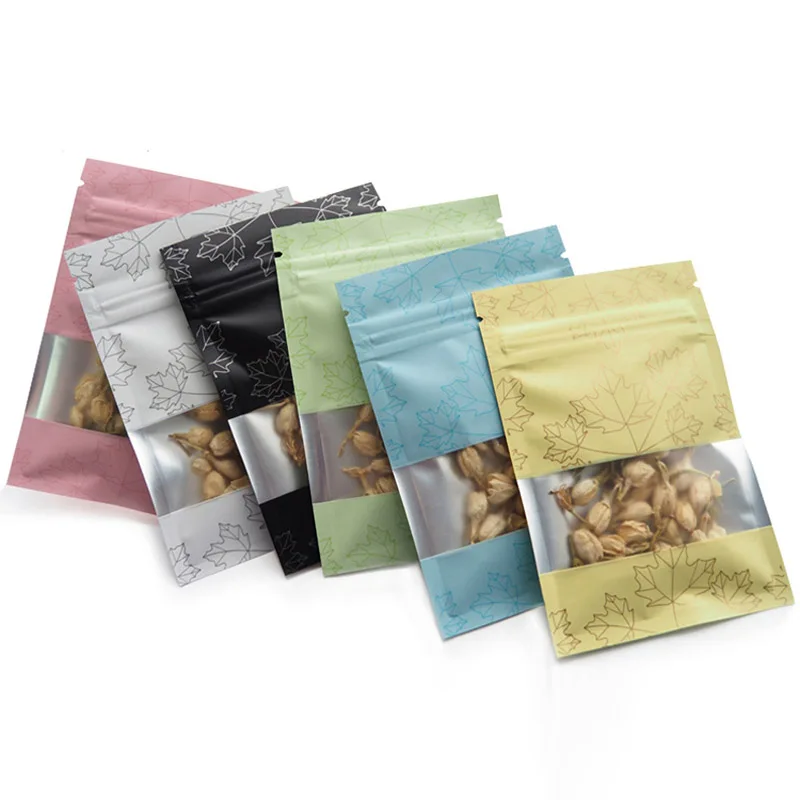 

100pcs Various sizes Heat Sealable Ziplock Food Packing bag Flat Pouches Leaves Pattern Zip Lock Aluminum Bags with Window