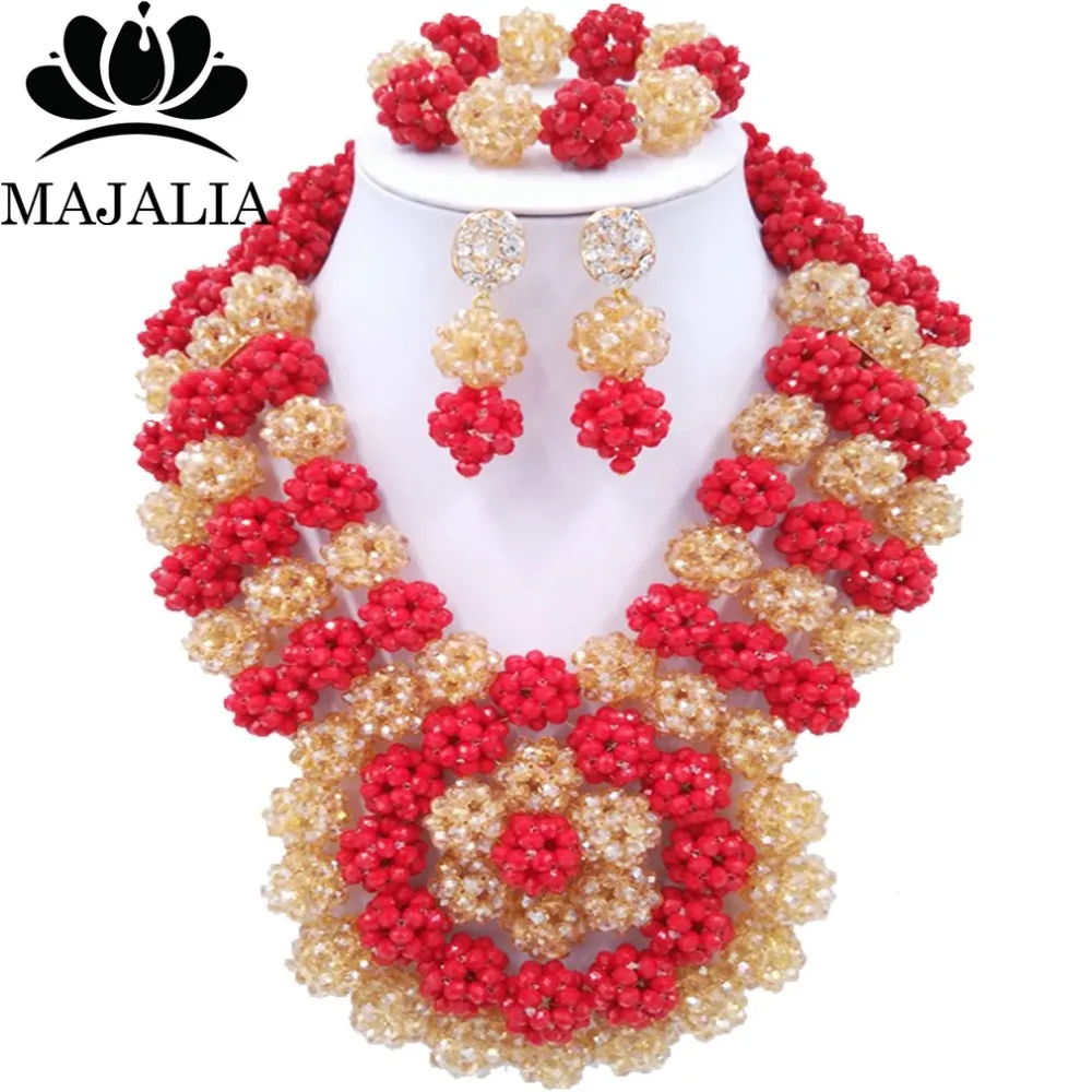 

2017 Fashion Nigeria Wedding african beads jewelry set red Crystal necklace bracelet earrings Free shipping VV-217