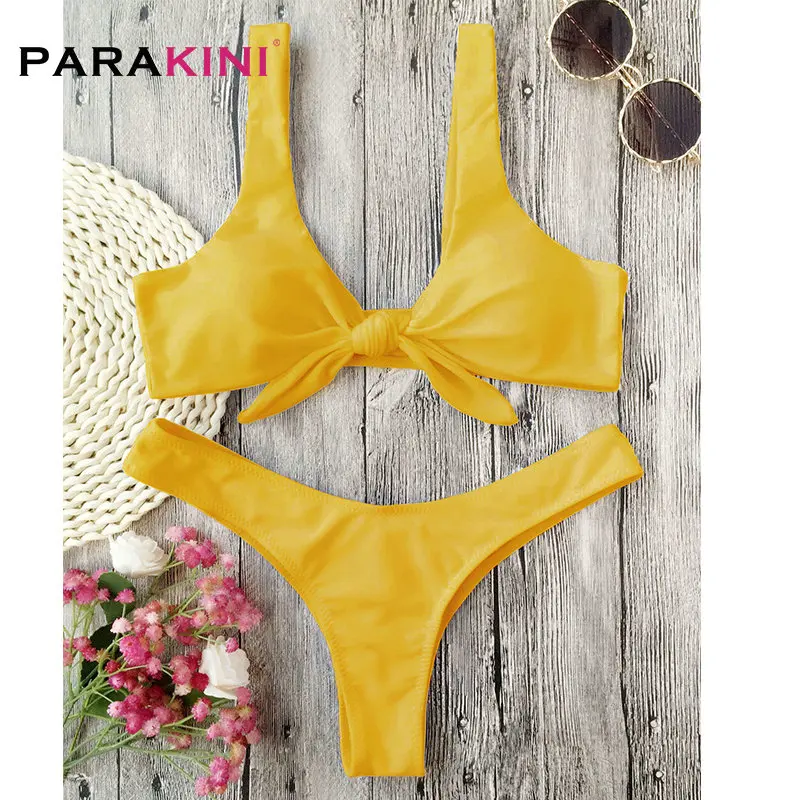 

PARAKINI 2019 New Swimsuit Women Knotted Padded Thong Bikini Mid Waisted Solid Color Scoop Neck Brazilian Biquni Beach Swimwear