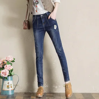 

Nonis Women 2018 New Autumn Casual Middle Stretch Washed soft jeans girls All match denim pants Student Harem trousers Plus size