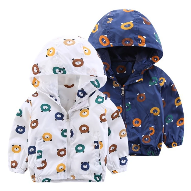 

Spring Autumn Jacket Boy Cartoon Bear Hooded Windbreaker Jacket New Fashion Unisex Sun Protection Clothing Children Outerwear
