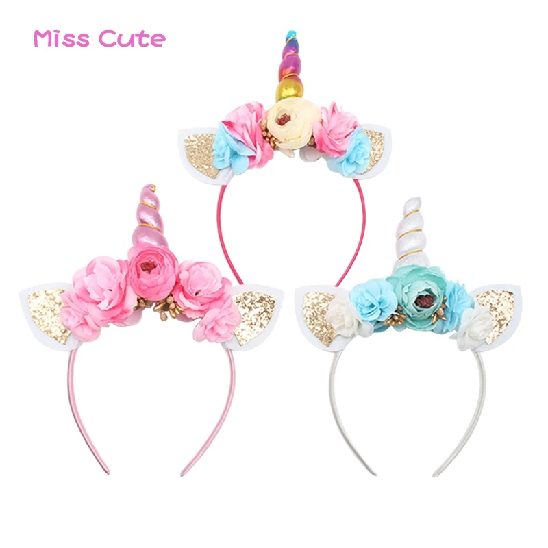 10PCS Kids' Unicorn Headband With Flowers Rainbow Unicorn Horn Hairband