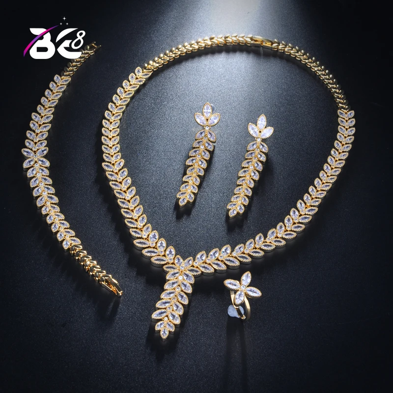 

Be 8 Bridal Wedding Jewelry Sets Leaf Shape CZ Necklace Bracelet Earrings and Ring Women 4pc Jewelry Set Bijoux Femme S144