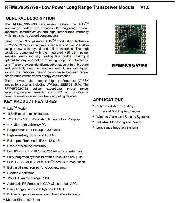 RFM95 RFM95W RFM96W RFM98W беспроводной модуль приемопередатчика HopeRF FCC/ROHS/ETSI/REACH Сертифицированный