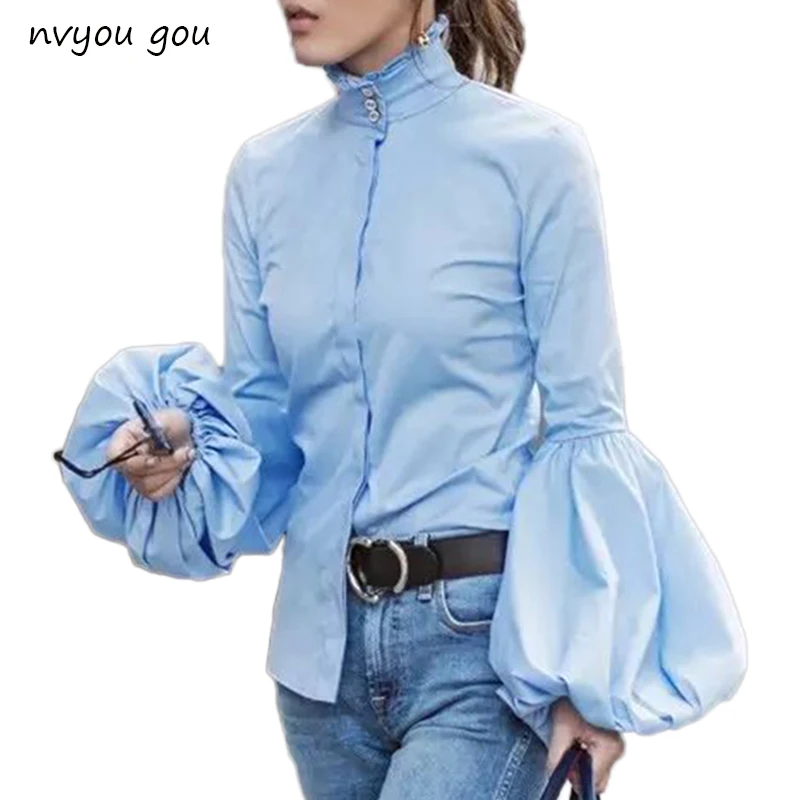 Online Lange, Breite Laterne Hülse Blau Bluse Frauen Button Down Blusen Shirts Weibliche 2019 Herbst Winter Mode Tops Rollkragen