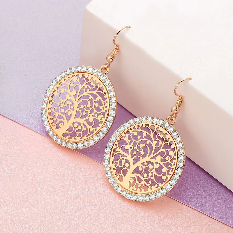 

Tree Of Life Drop Earrings For Women 2019 Fashion Jewelry Round With Cubic Zirconia Gold Statement Earrings pendientes za oorbel