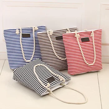 

2019 New fashion women bag rope portable canvas bag striped shoulder bag
