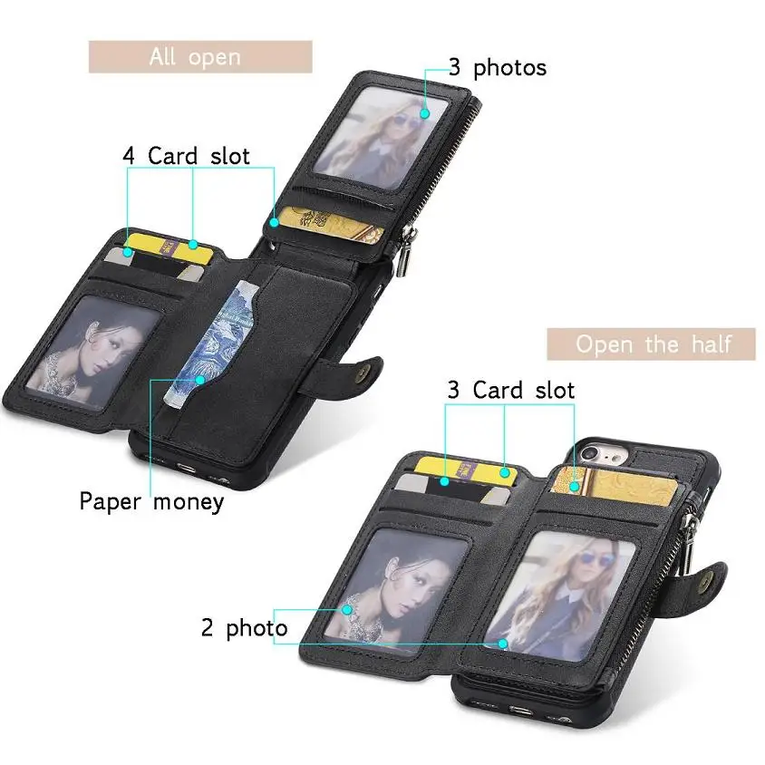 

Multifunction Leather Zipper Wallet Card Flip Case For iPhone 6 6S 7 8 Plus X XS MAX XR Phone Bags