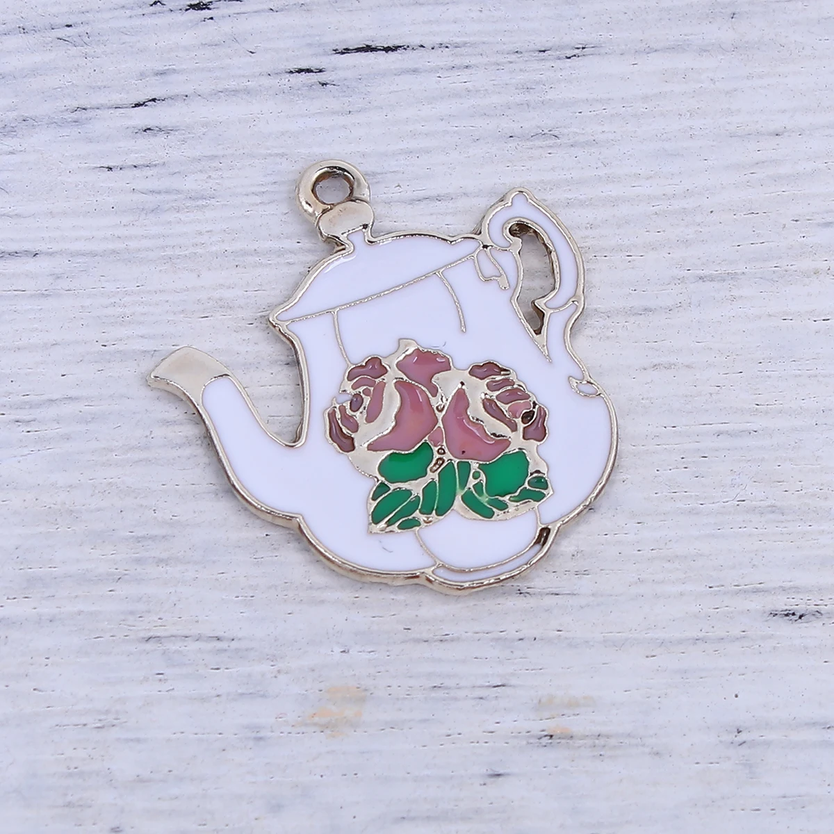 

DoreenBeads Zinc Based Alloy Charms Tableware Gold color White Teapot Enamel 26mm(1") x 25mm(1"), 5 PCs
