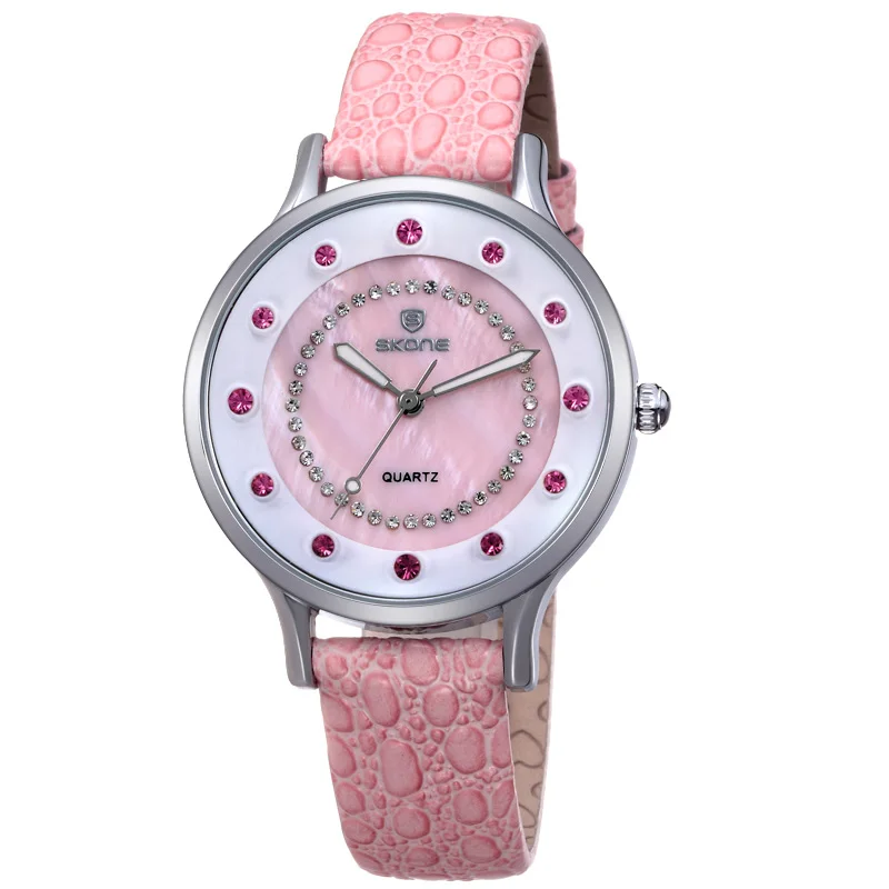 SKONE Brand Women Watch Fashion Rhinestone Silver Genuine Leather Strap